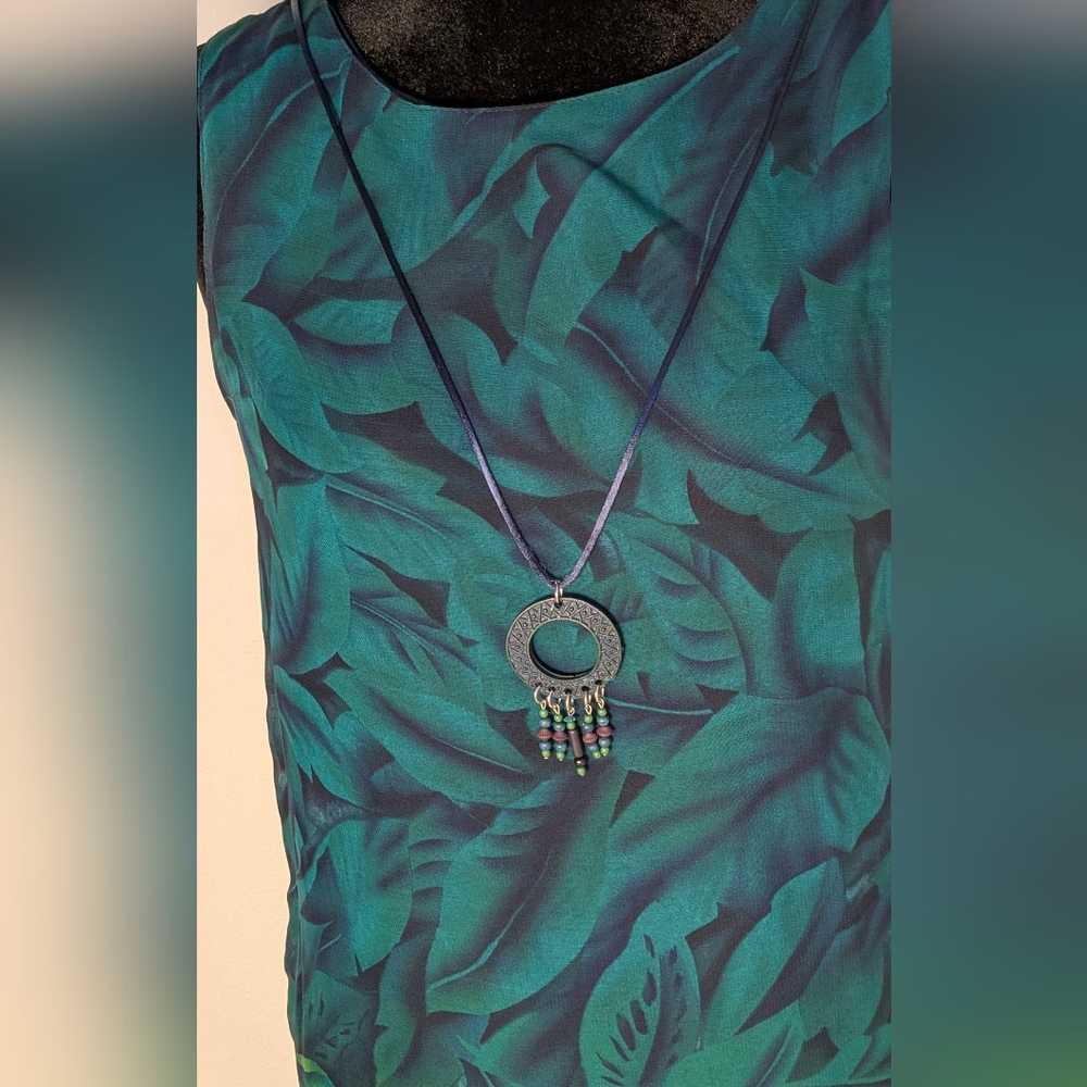 Cascais Vintage 90s Tropical Palm Print Layered Maxi Dress Teal Green Sz 8 Rayon - Picture 3 of 10